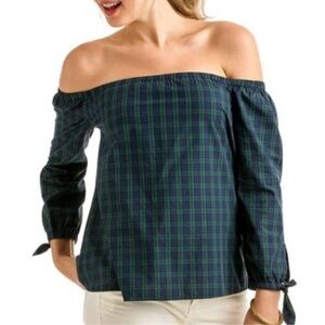 Talbots Plaid Off Shoulder Blouse Green Navy Blackwatch
